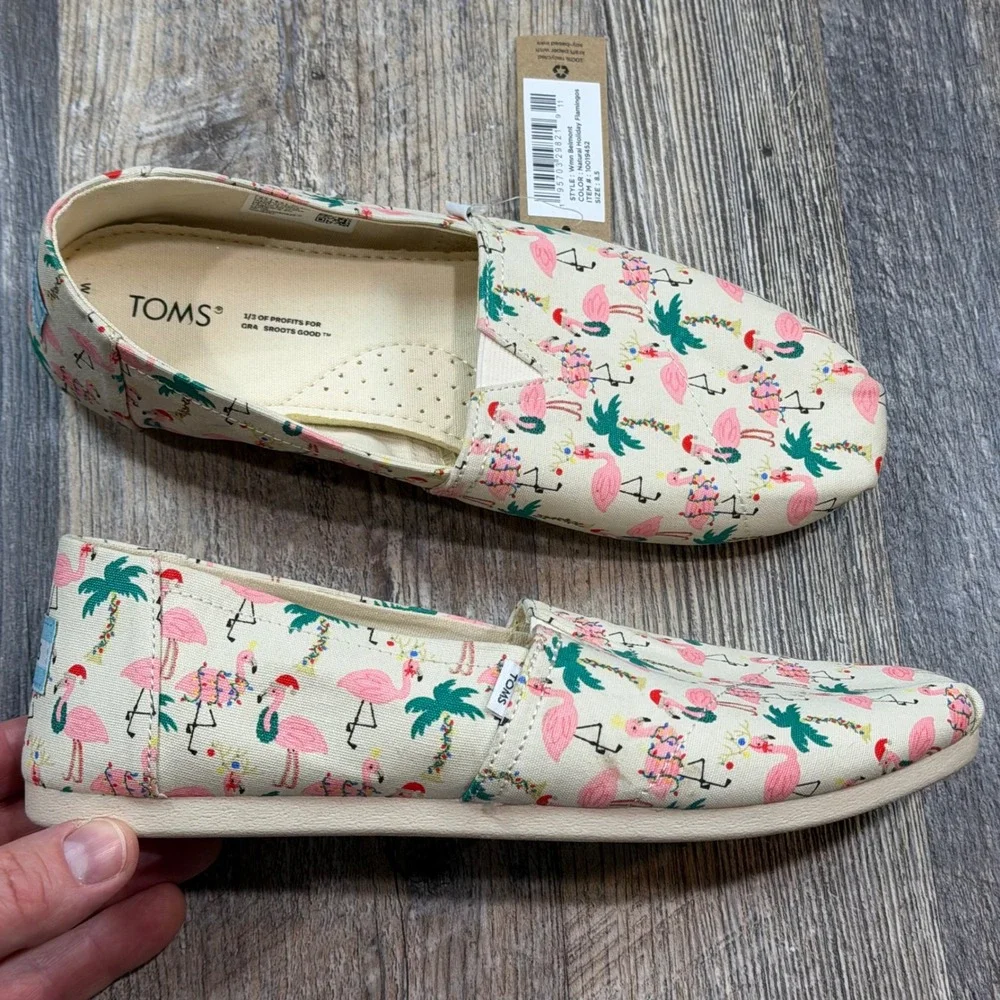 TOMS Belmont Natural Holiday Flamingos Canvas Slip On Flats Womens 8.5 Florida - Picture 2 of 8